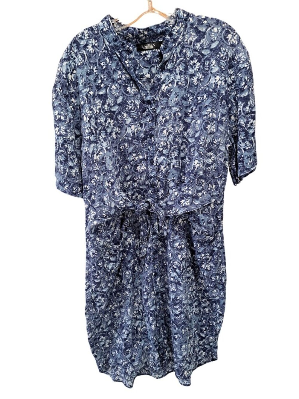 Lauren Ralph Lauren Linen Floral Shirtdress Tie Waist Blue Plus Size 14 Women's